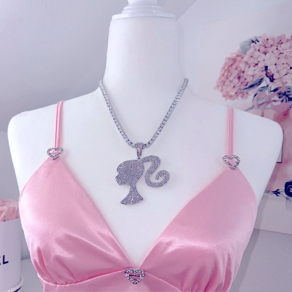 Iced Out Bling Barbie Girl Diamond Silver Tennis Chain - Picture 3 of 4